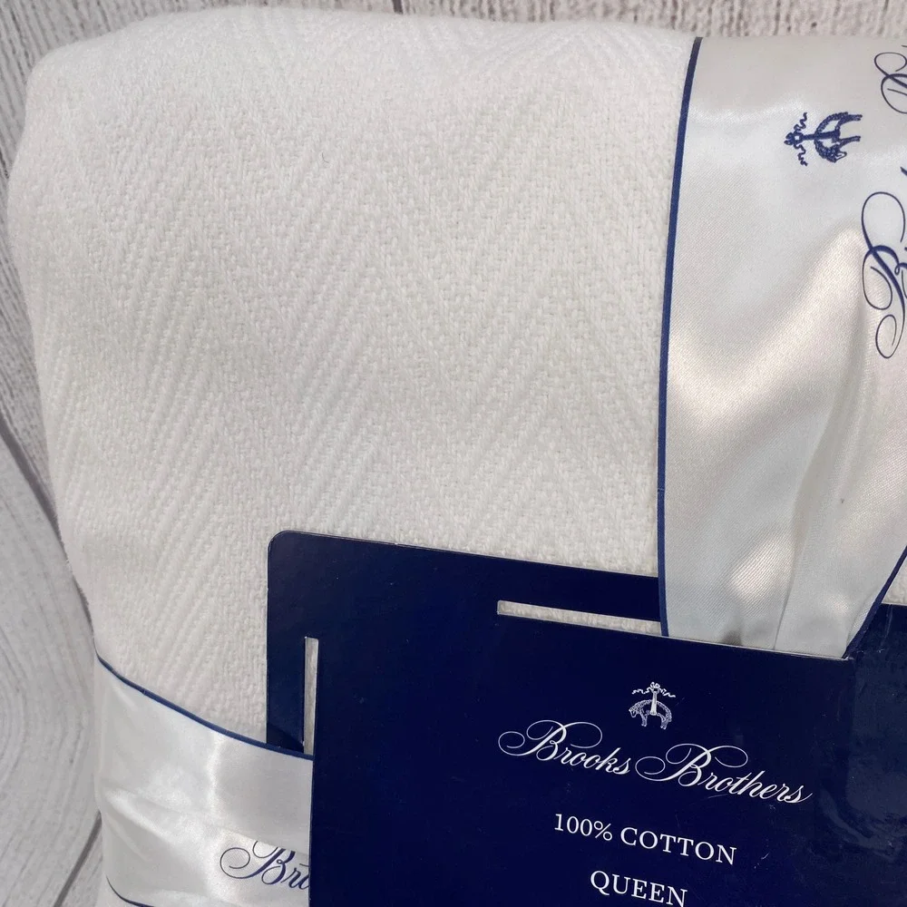 Brooks Brothers Cotton Blanket Queen White Herringbone Weave Crisp Classic